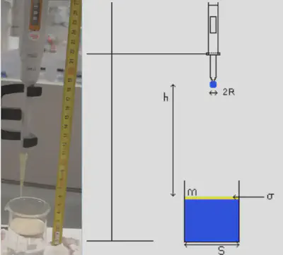 Schéma du dispositif expérimental pour étudier l'énergie nécessaire à une goutte d'eau pour traverser une surface recouverte de spores.